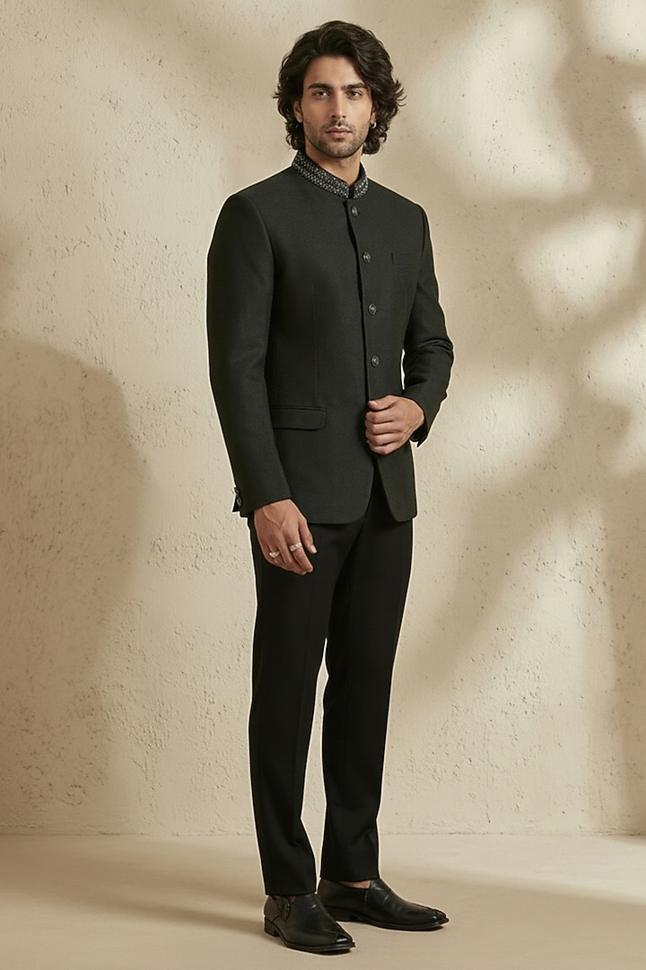 Black Jacquard Wedding Bandhgala Set by Bubber Couture at Pernia's Pop Up Shop