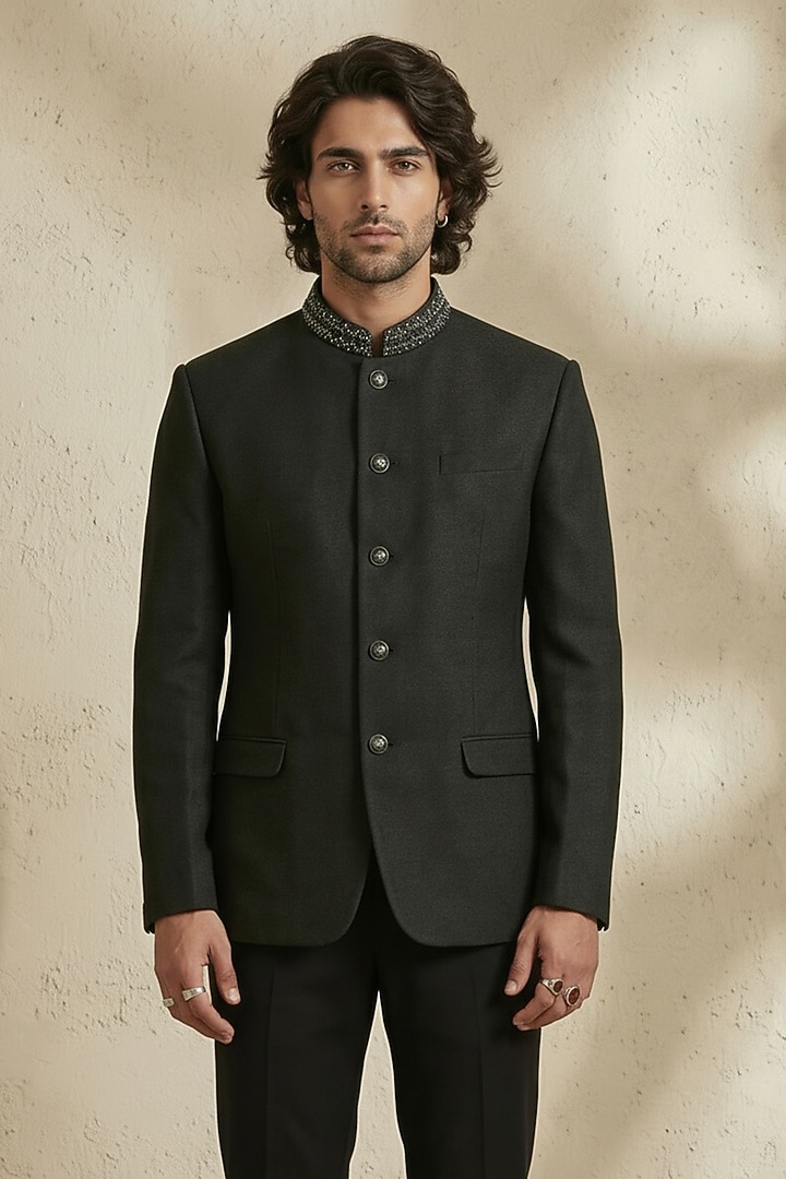 Black Jacquard Wedding Bandhgala Set by Bubber Couture at Pernia's Pop Up Shop