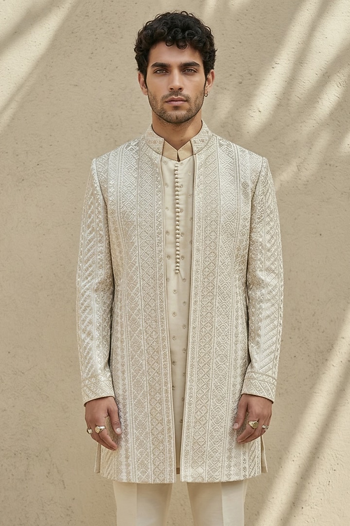 Off-White Silk Embroidered Groom Sherwani by Bubber Couture at Pernia's Pop Up Shop