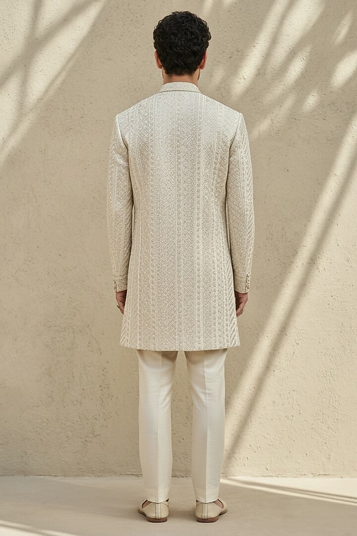 Off-White Silk Embroidered Groom Sherwani by Bubber Couture at Pernia's Pop Up Shop