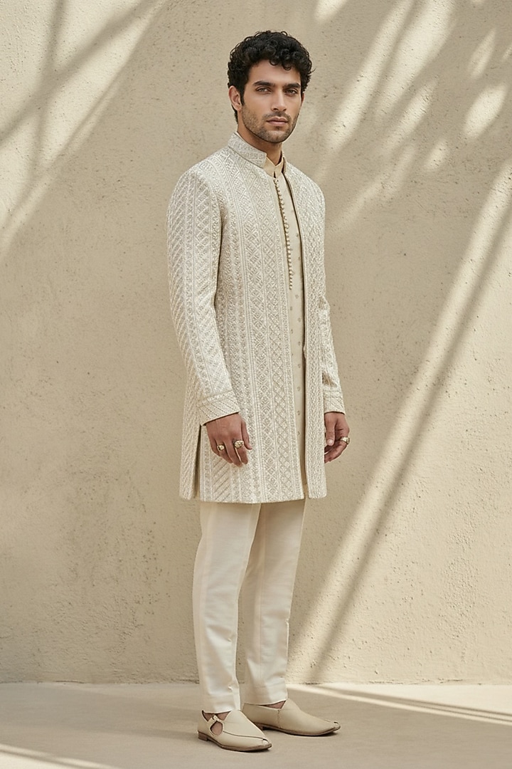Off-White Silk Embroidered Groom Sherwani by Bubber Couture at Pernia's Pop Up Shop