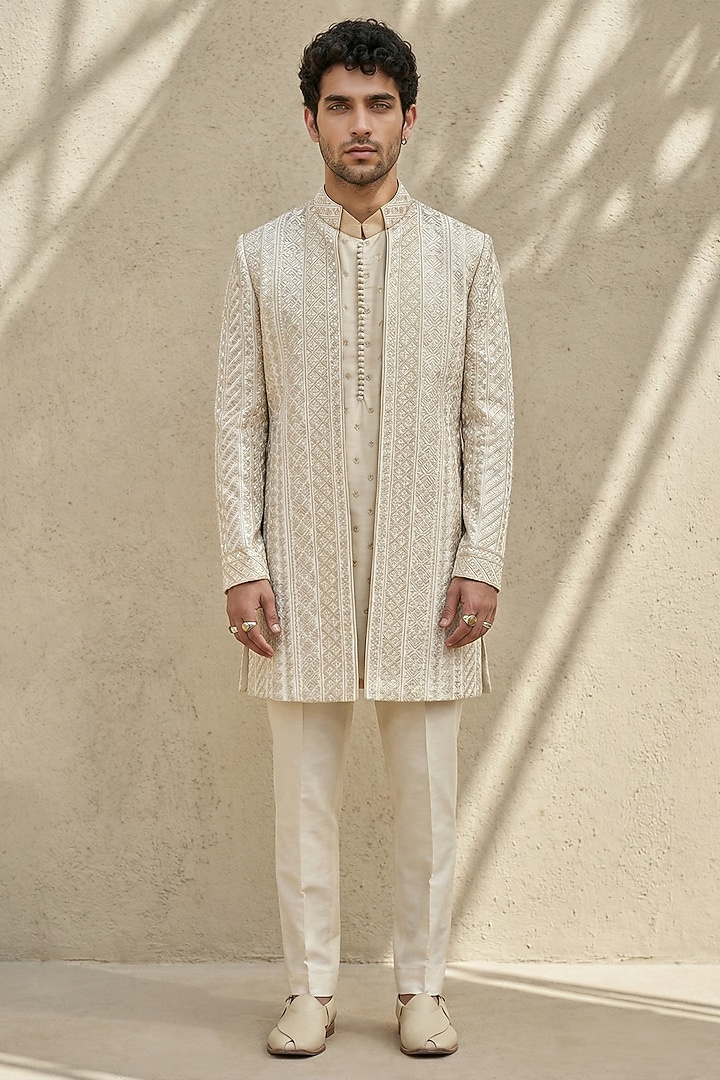 Off-White Silk Embroidered Groom Sherwani by Bubber Couture at Pernia's Pop Up Shop