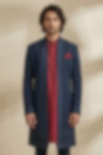 Navy Blue & Maroon Crepe Wool Embroidered Groom Sherwani by Bubber Couture at Pernia's Pop Up Shop