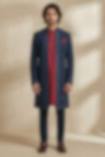 Navy Blue & Maroon Crepe Wool Embroidered Groom Sherwani by Bubber Couture at Pernia's Pop Up Shop