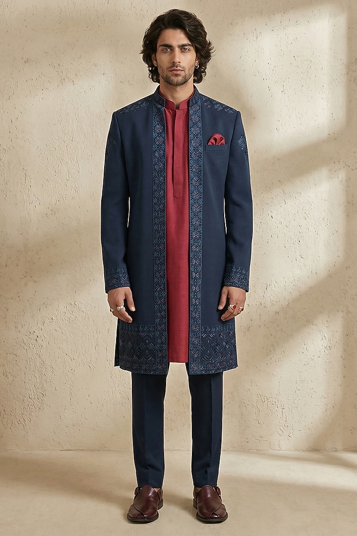 Navy Blue & Maroon Crepe Wool Embroidered Groom Sherwani by Bubber Couture at Pernia's Pop Up Shop