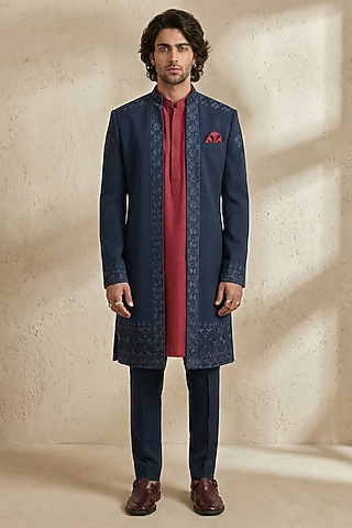 Navy Blue & Maroon Crepe Wool Embroidered Sherwani by Bubber Couture