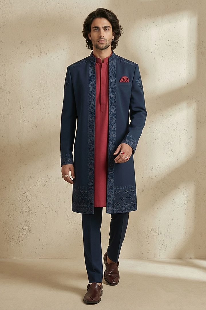 Navy Blue & Maroon Crepe Wool Embroidered Groom Sherwani by Bubber Couture at Pernia's Pop Up Shop