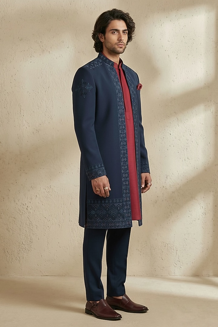 Navy Blue & Maroon Crepe Wool Embroidered Groom Sherwani by Bubber Couture at Pernia's Pop Up Shop
