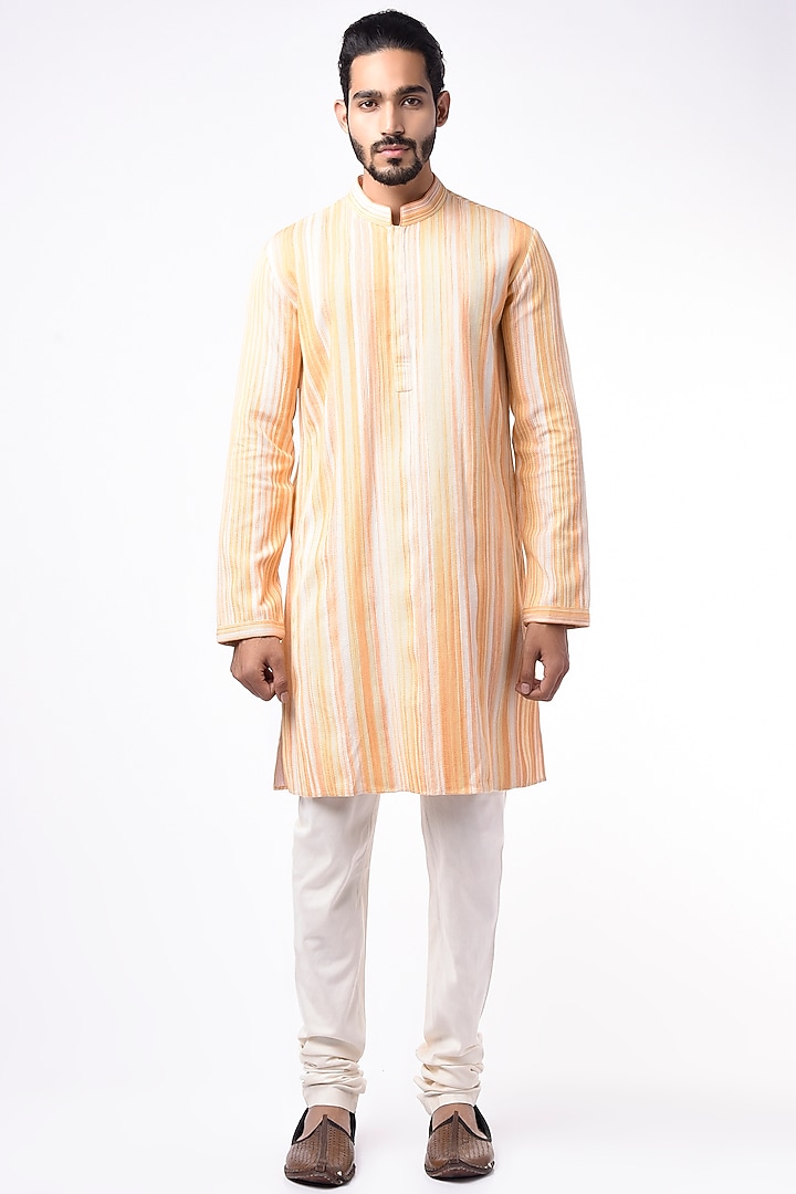 Baby Pink & Butter Yellow Cotton Silk Thread Embroidered Kurta Set by Bubber Couture at Pernia's Pop Up Shop