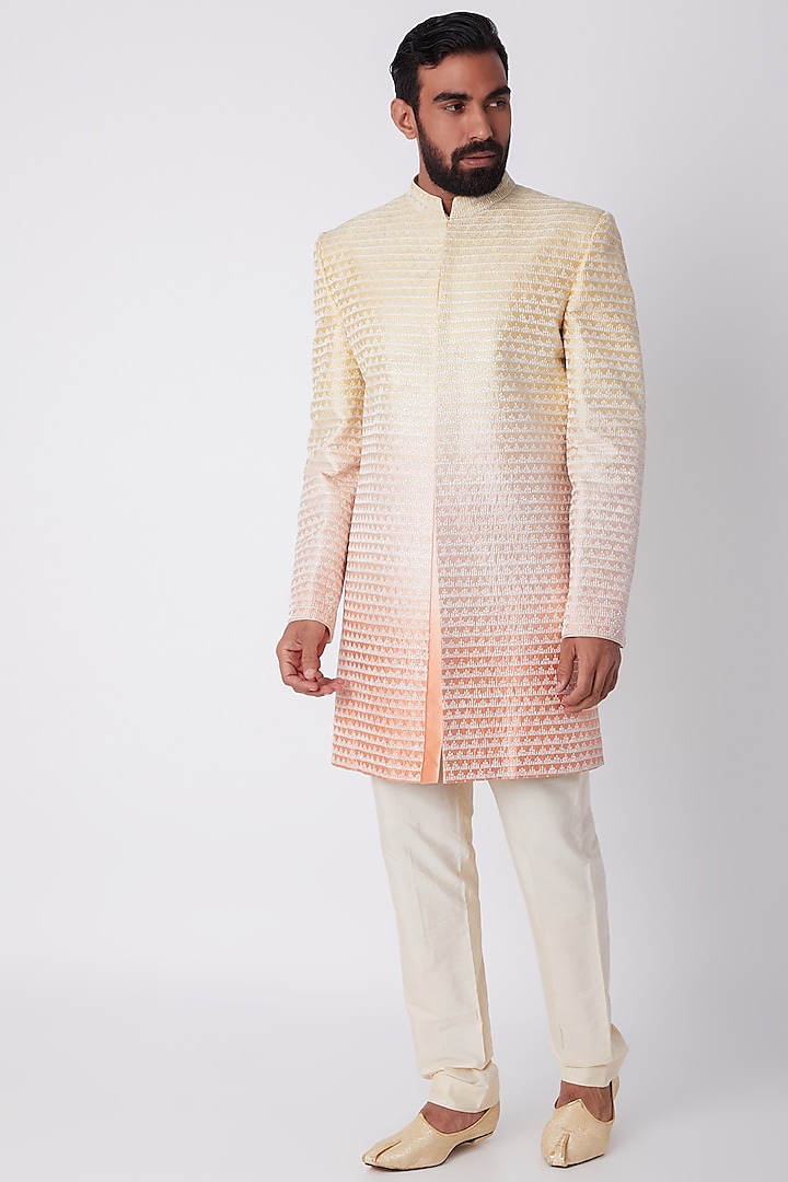 Yellow To Peach Ombre Embroidered Achkan by Bubber Couture