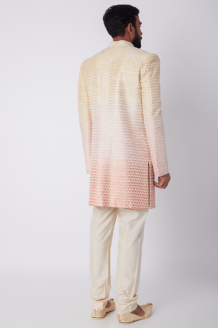 Yellow To Peach Ombre Embroidered Achkan by Bubber Couture at Pernia's Pop Up Shop