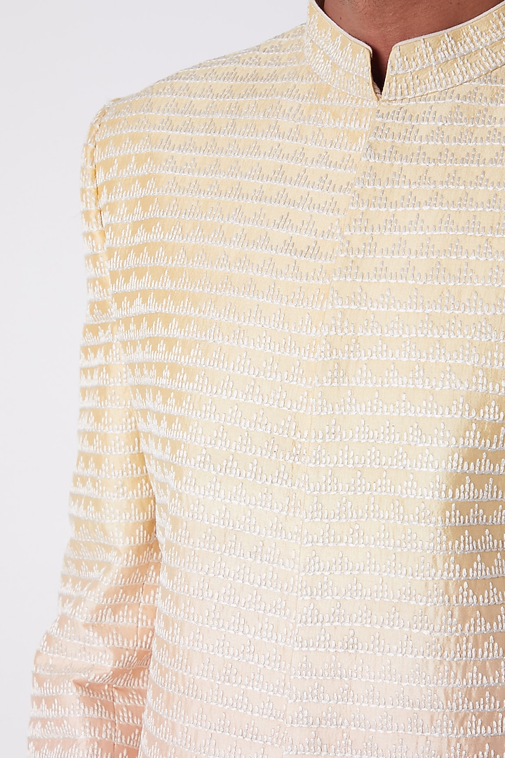 Yellow To Peach Ombre Embroidered Achkan by Bubber Couture at Pernia's Pop Up Shop