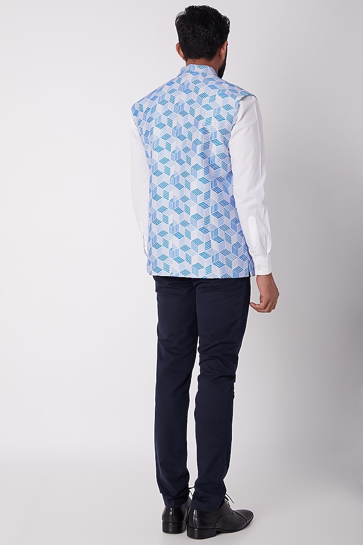 Cobalt Blue Printed Bundi Jacket by Bubber Couture at Pernia's Pop Up Shop