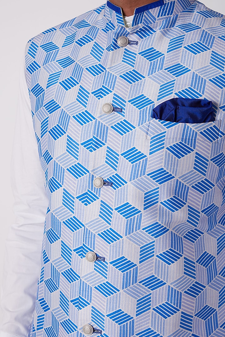 Cobalt Blue Printed Bundi Jacket by Bubber Couture at Pernia's Pop Up Shop