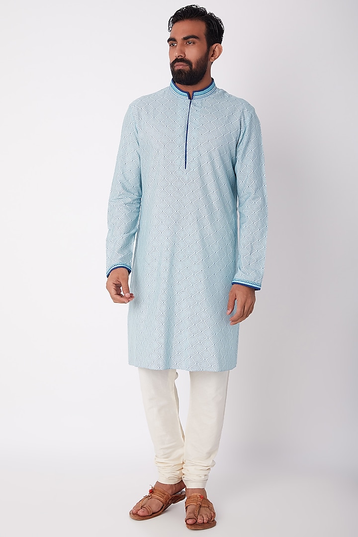 Sky Blue Printed & Embroidered Kurta Set by Bubber Couture