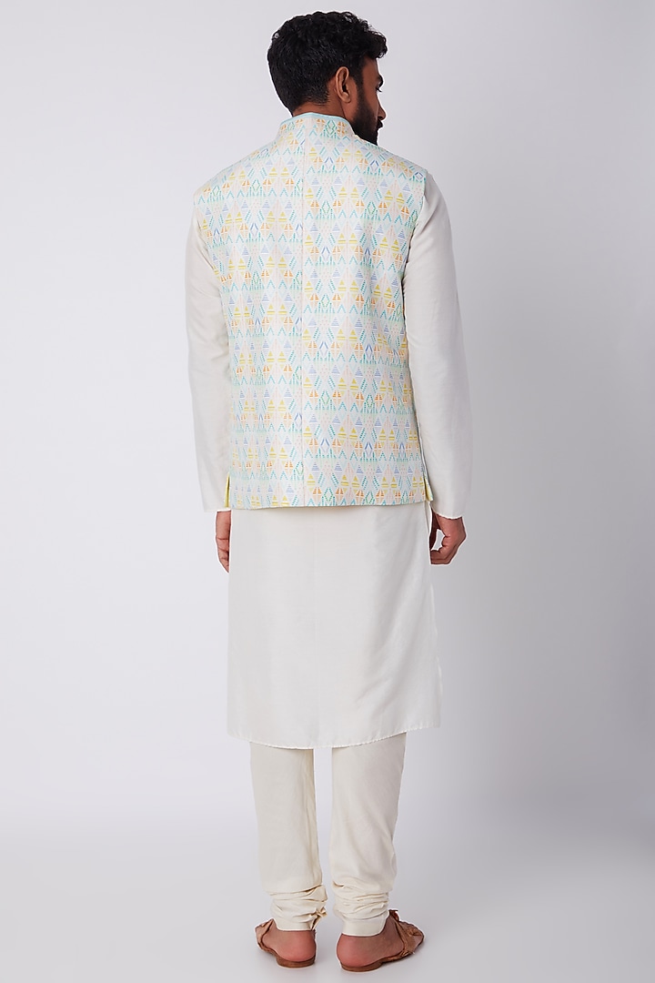 Off White Flat Raw Silk Printed Bundi Jacket by Bubber Couture at Pernia's Pop Up Shop