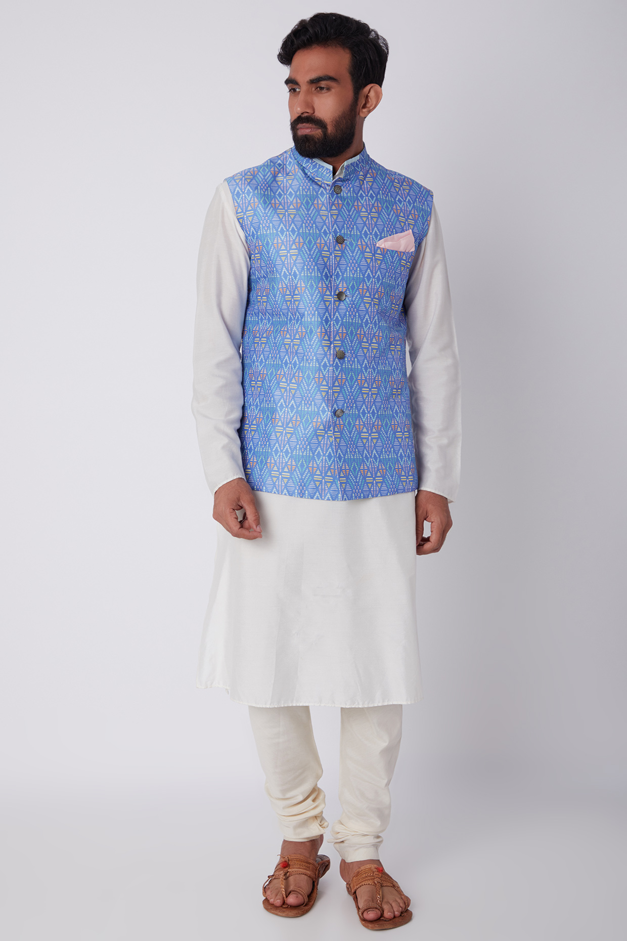 Cobalt Blue Diamond Printed Bundi Jacket by Bubber Couture at Pernia's Pop Up Shop
