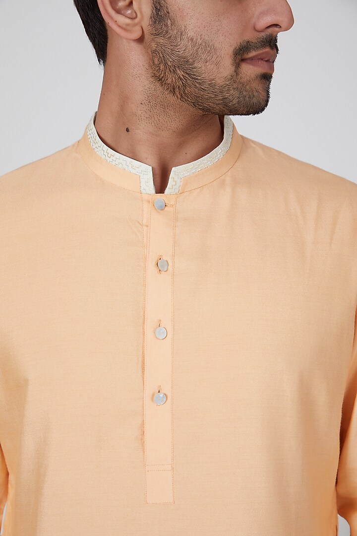 Peach Cotton Silk Thread Work Kurta Set by Bubber Couture at Pernia's Pop Up Shop