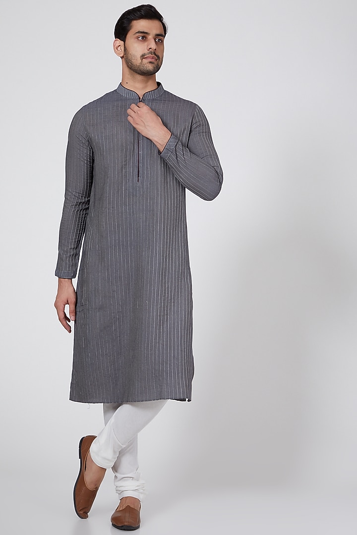 Grey Cotton Silk Pintucked Kurta Set by Bubber Couture at Pernia's Pop Up Shop