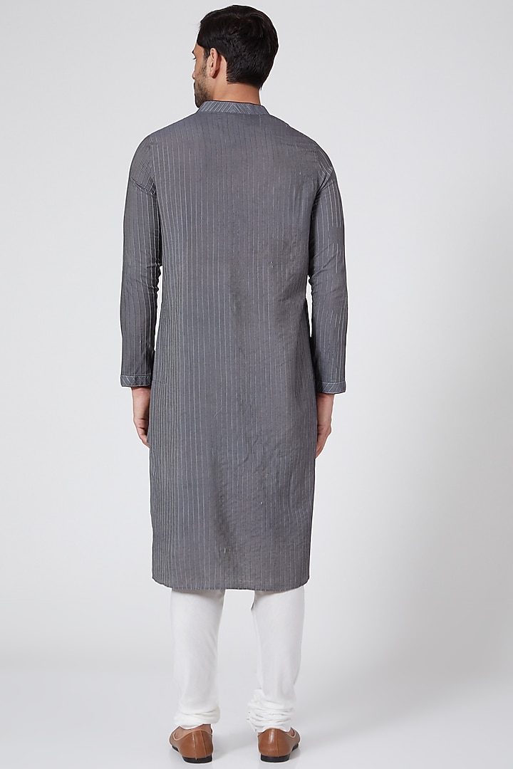 Grey Cotton Silk Pintucked Kurta Set by Bubber Couture at Pernia's Pop Up Shop