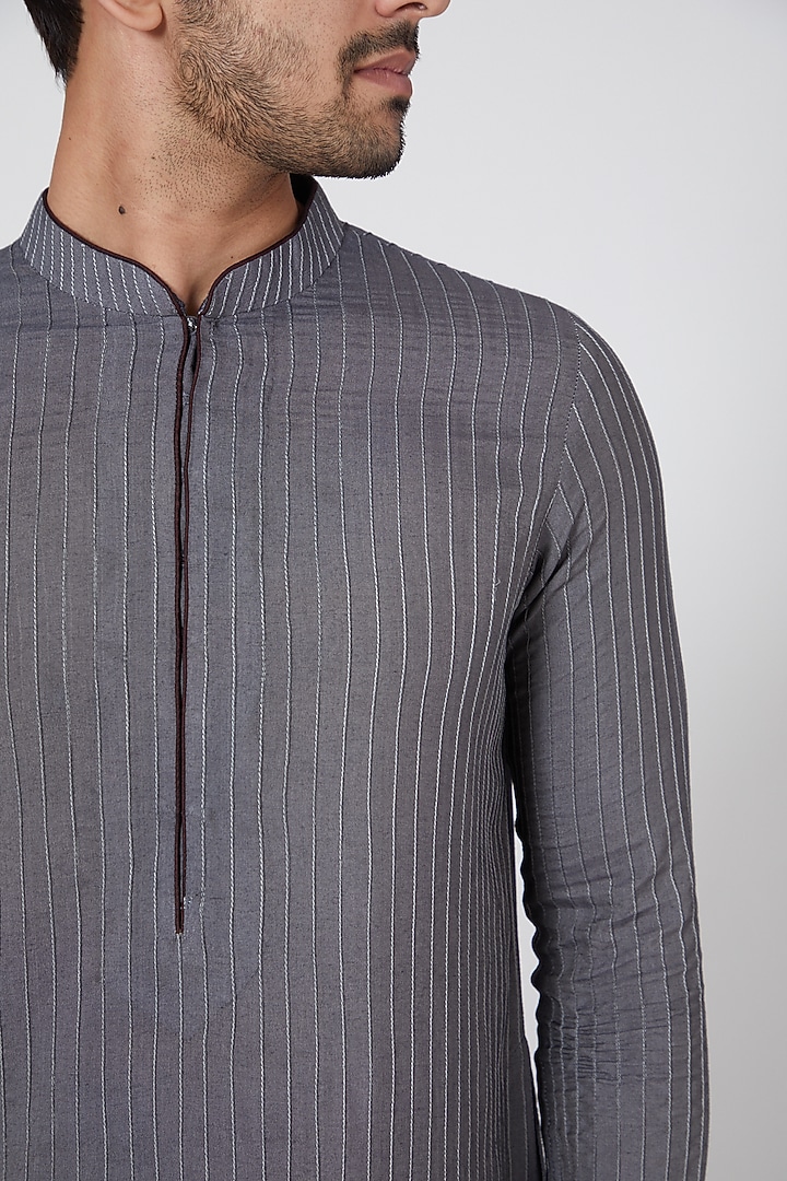 Grey Cotton Silk Pintucked Kurta Set by Bubber Couture at Pernia's Pop Up Shop