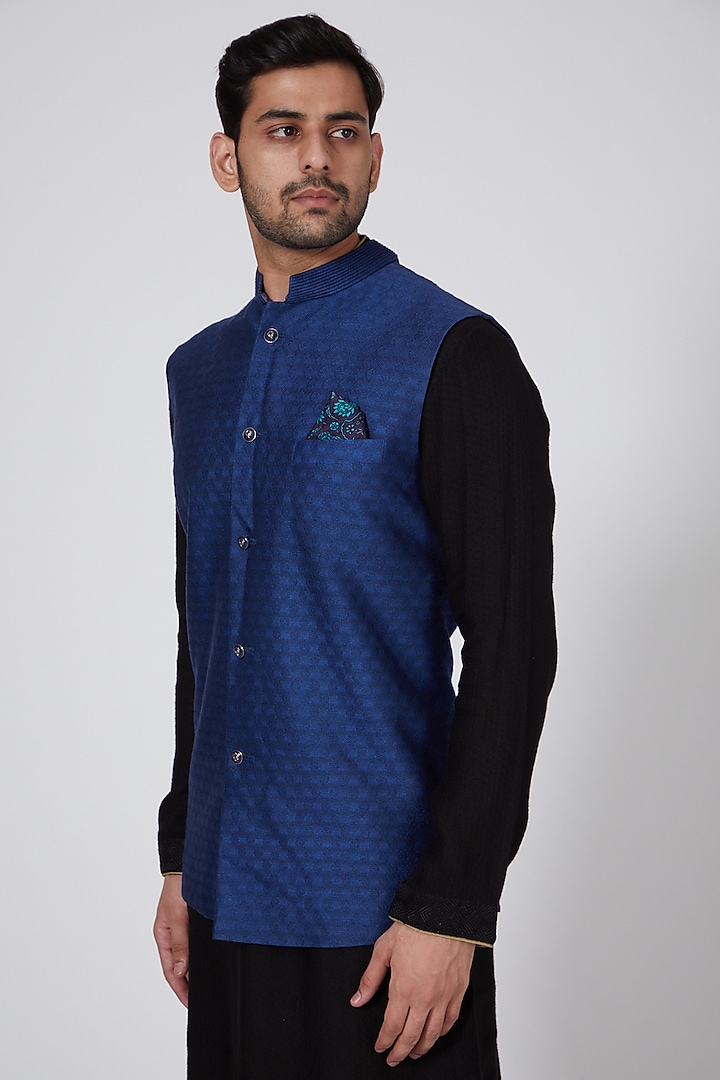 Blue Jacquard Bundi Jacket by Bubber Couture at Pernia's Pop Up Shop