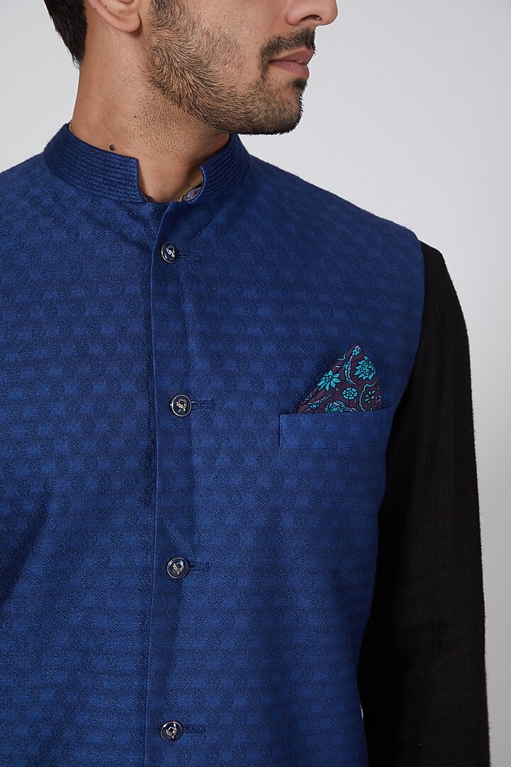Blue Jacquard Bundi Jacket by Bubber Couture at Pernia's Pop Up Shop