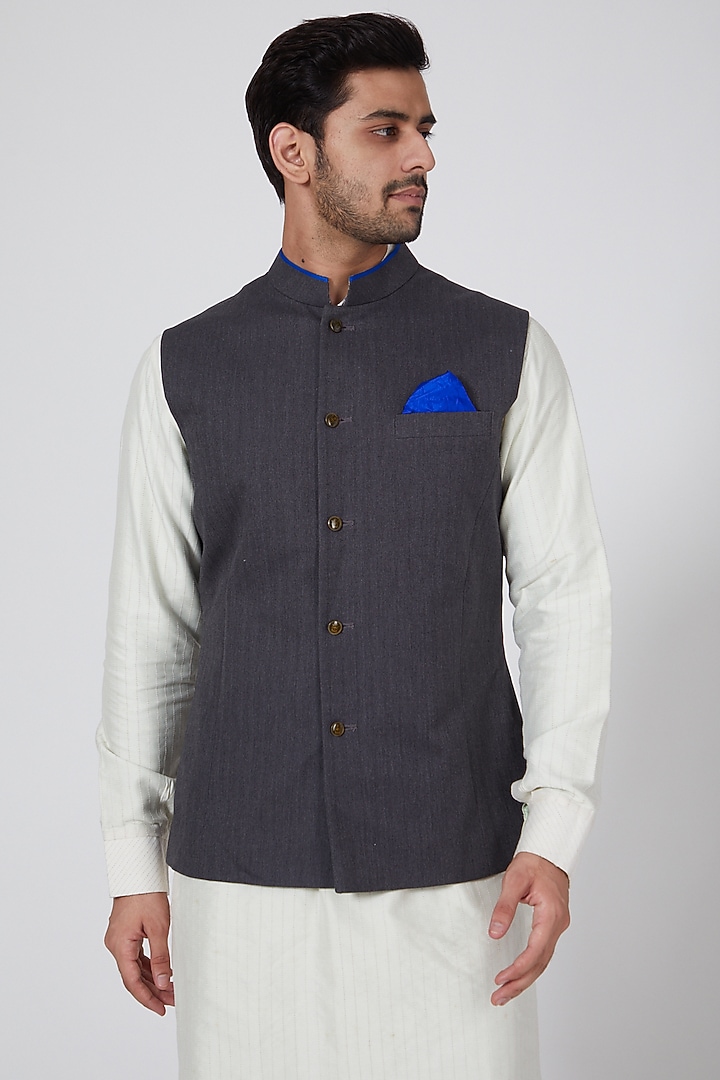 Grey Printed Bundi Jacket by Bubber Couture at Pernia's Pop Up Shop