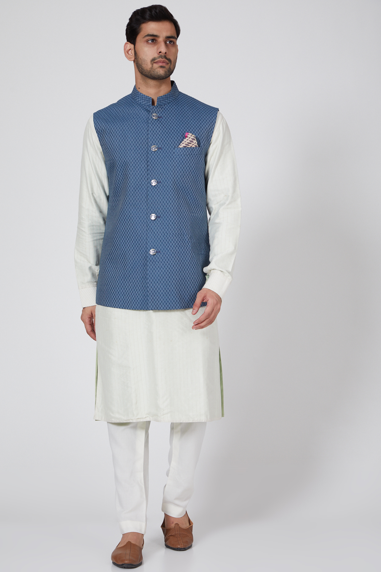 Blue Jacquard & Cotton Silk Cris-Cross Bundi Jacket by Bubber Couture at Pernia's Pop Up Shop
