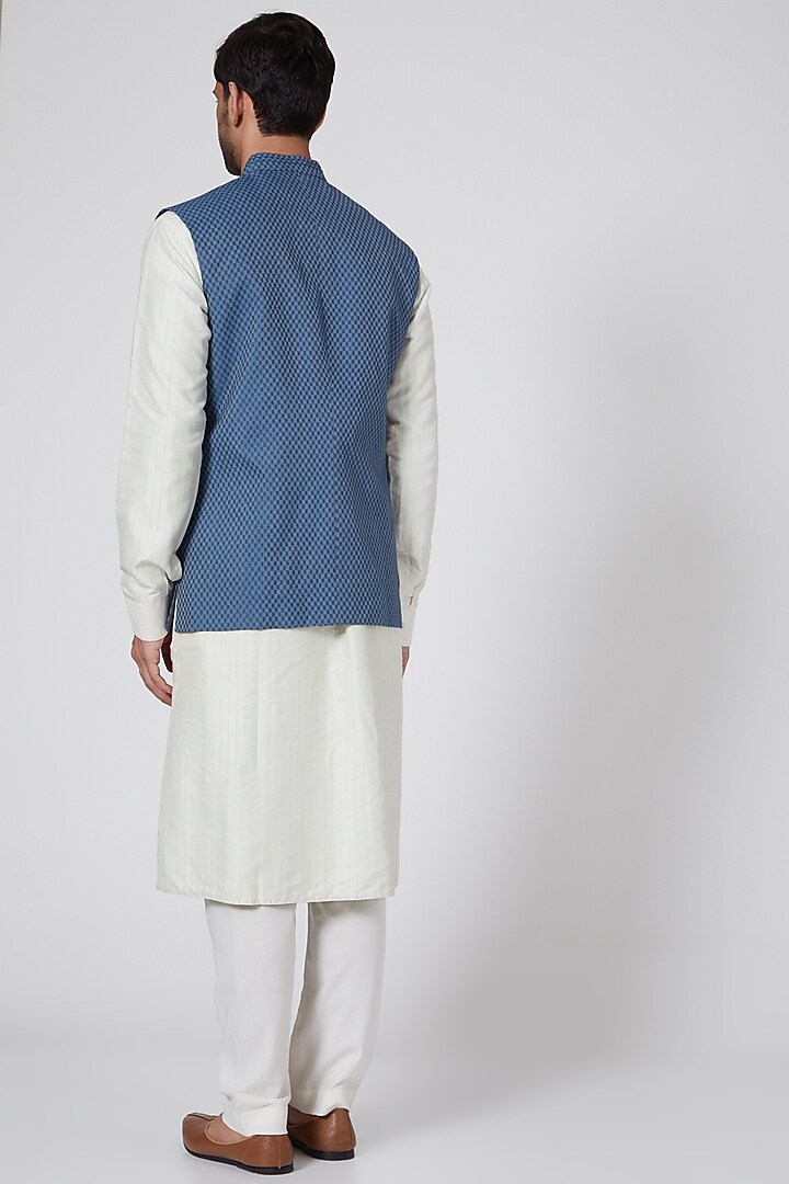 Blue Jacquard & Cotton Silk Cris-Cross Bundi Jacket by Bubber Couture at Pernia's Pop Up Shop