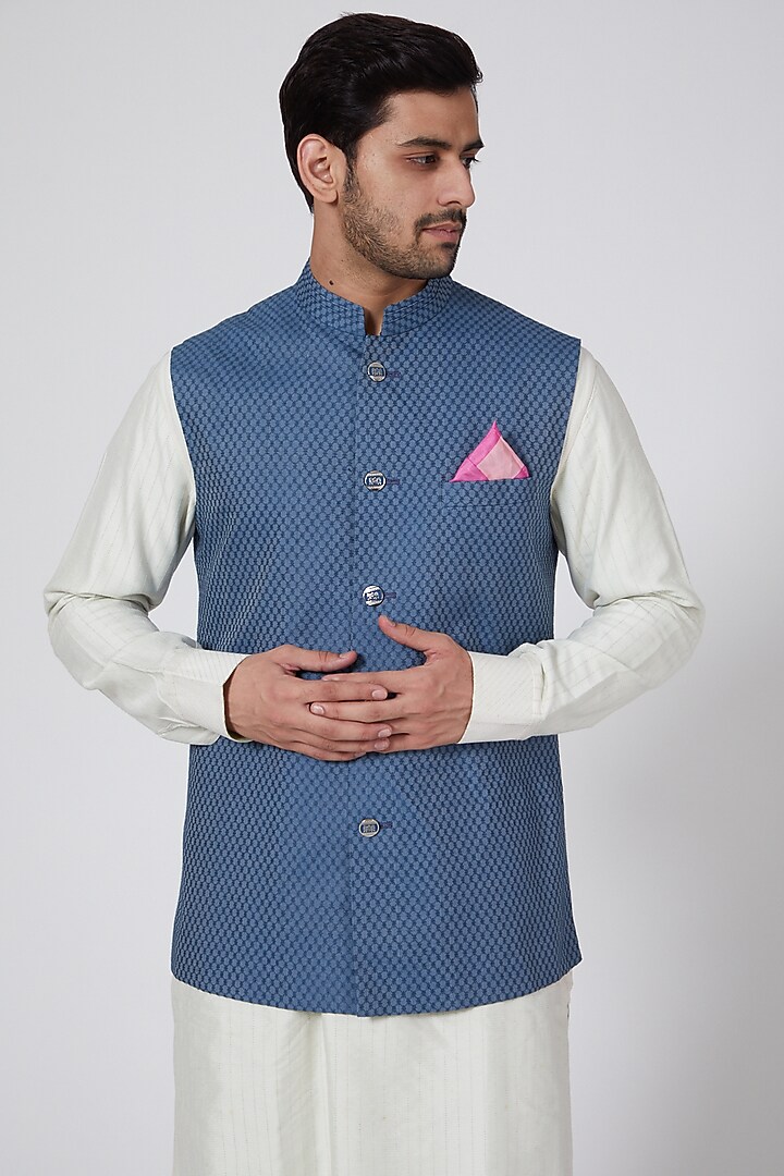 Blue Jacquard & Cotton Silk Cris-Cross Bundi Jacket by Bubber Couture at Pernia's Pop Up Shop