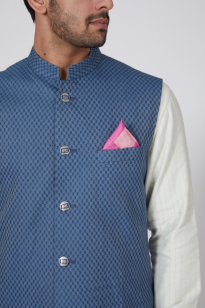 Blue Jacquard & Cotton Silk Cris-Cross Bundi Jacket by Bubber Couture at Pernia's Pop Up Shop