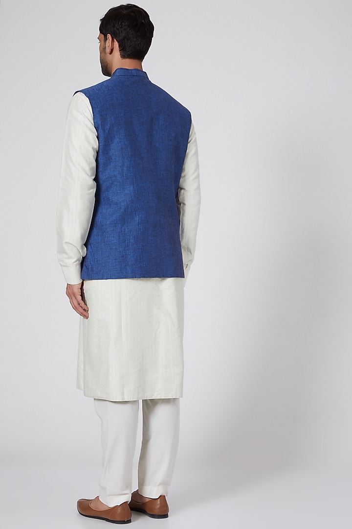 Blue Linen Bundi Jacket Set by Bubber Couture at Pernia's Pop Up Shop