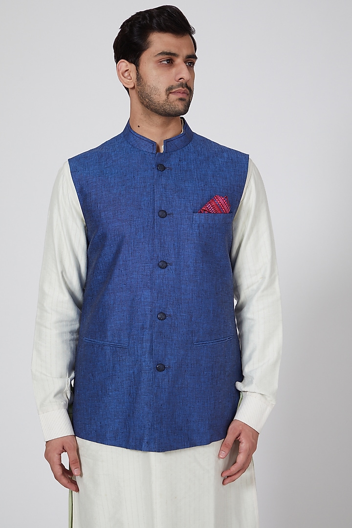 Blue Linen Bundi Jacket Set by Bubber Couture at Pernia's Pop Up Shop