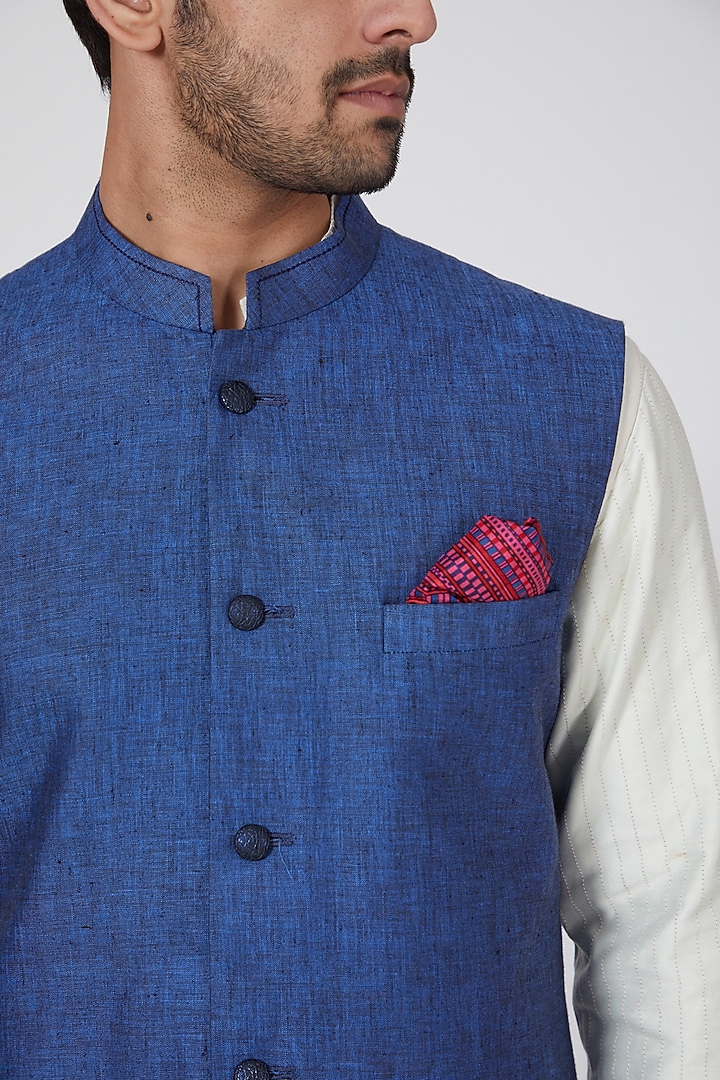 Blue Linen Bundi Jacket Set by Bubber Couture at Pernia's Pop Up Shop