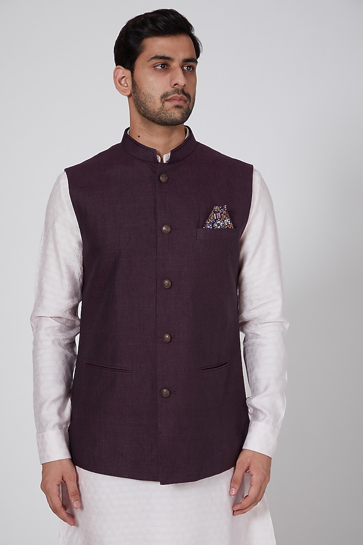 Wine Linen Bundi Jacket Set by Bubber Couture at Pernia's Pop Up Shop