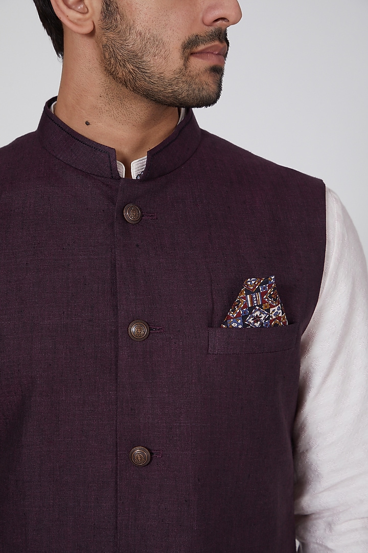 Wine Linen Bundi Jacket Set by Bubber Couture at Pernia's Pop Up Shop