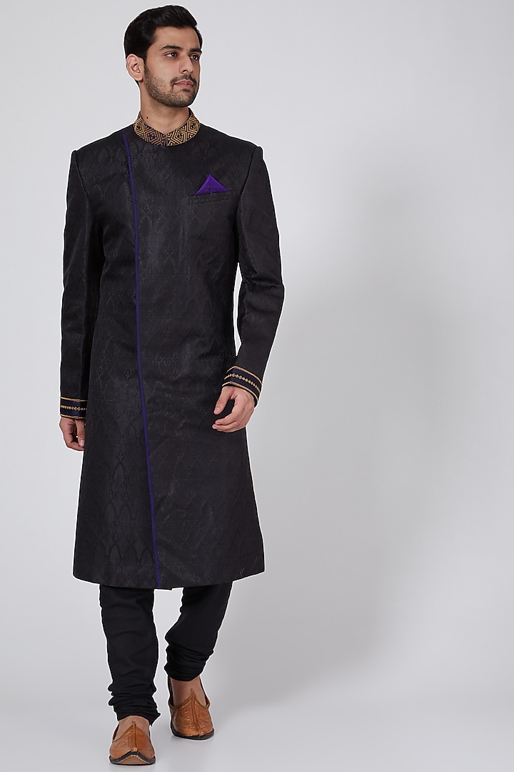 Black & Blue Embroidered Asymmetrical Sherwani by Bubber Couture