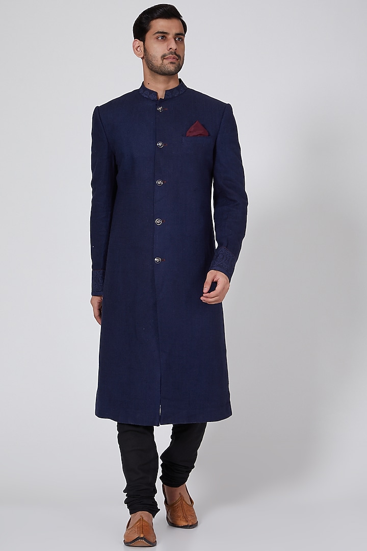 Navy Blue Floral Embroidered Sherwani by Bubber Couture