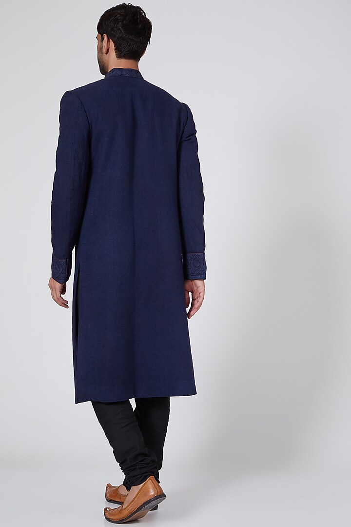 Navy Blue Floral Embroidered Wedding Sherwani by Bubber Couture at Pernia's Pop Up Shop