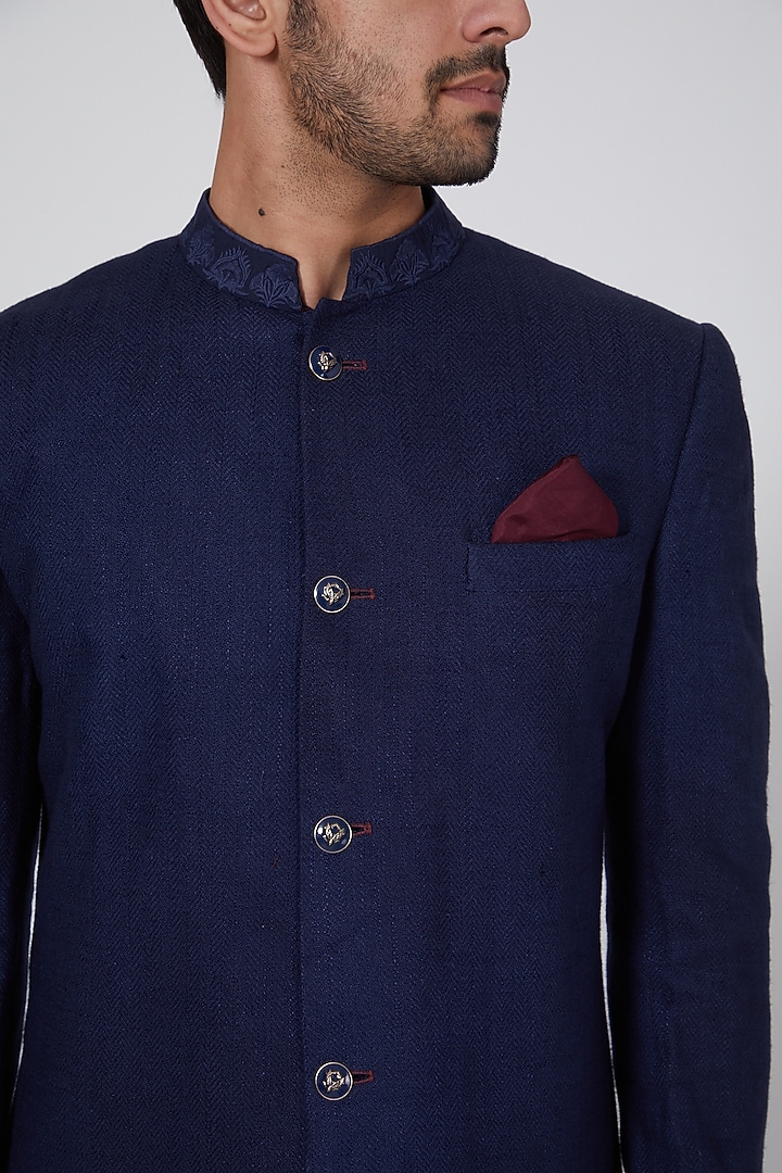Navy Blue Floral Embroidered Wedding Sherwani by Bubber Couture at Pernia's Pop Up Shop