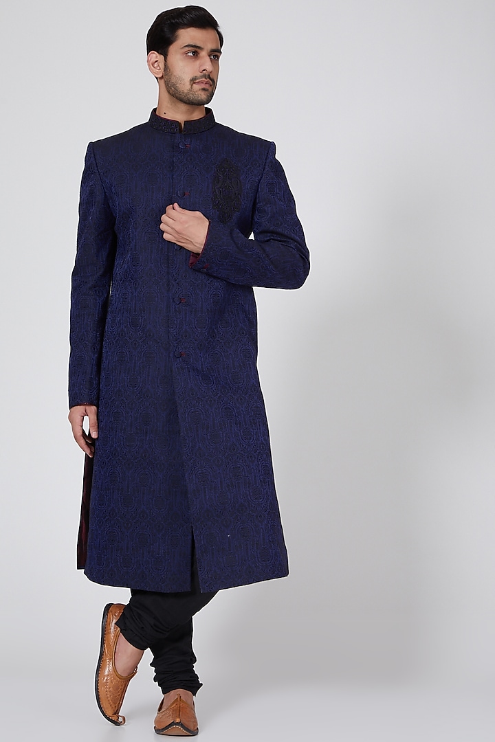 Black & Blue Embroidered Sherwani by Bubber Couture