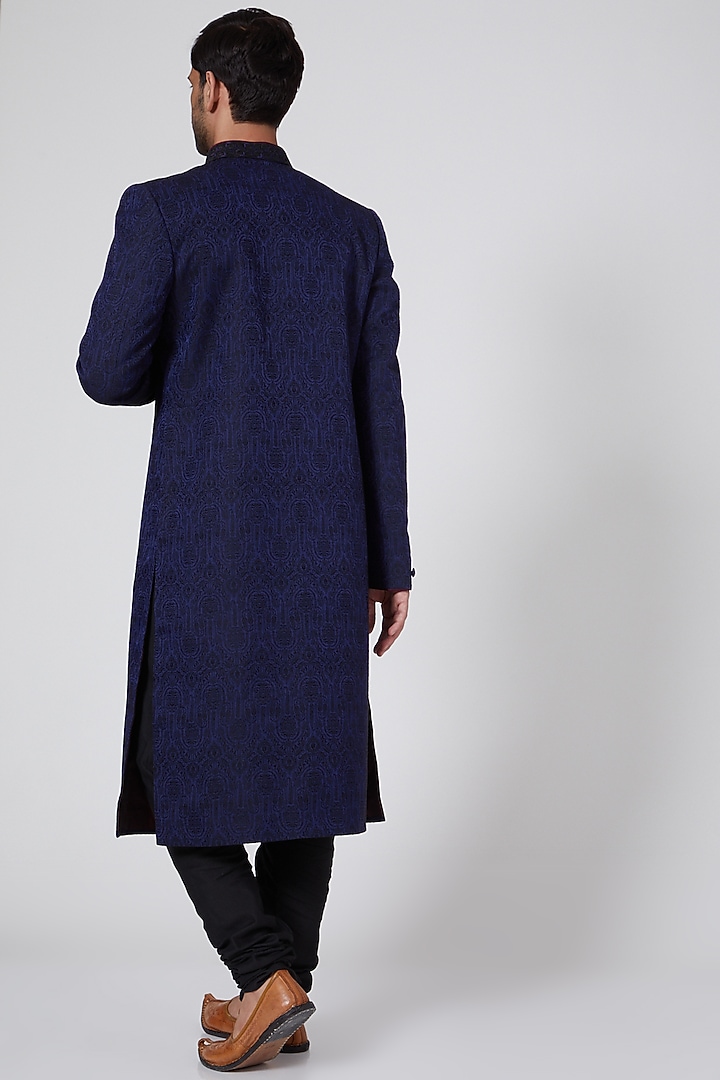 Black & Blue Embroidered Wedding Sherwani by Bubber Couture at Pernia's Pop Up Shop