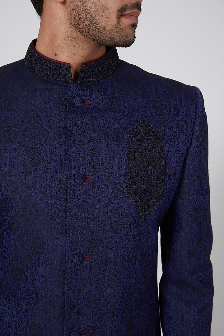 Black & Blue Embroidered Wedding Sherwani by Bubber Couture at Pernia's Pop Up Shop