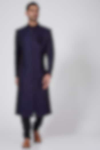 Navy Blue Brocade Silk Sherwani by Bubber Couture