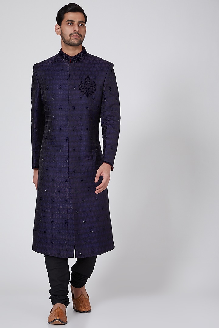 Navy Blue Brocade Silk Sherwani by Bubber Couture