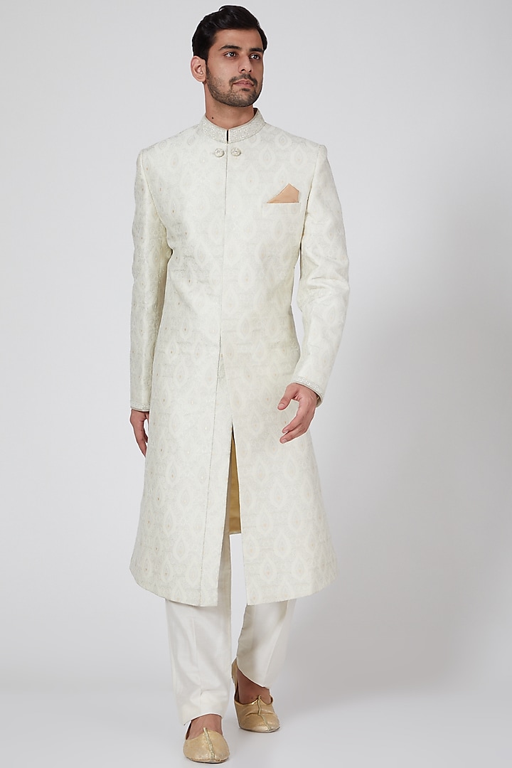 Off White & Silver Sherwani With Zardosi Work by Bubber Couture