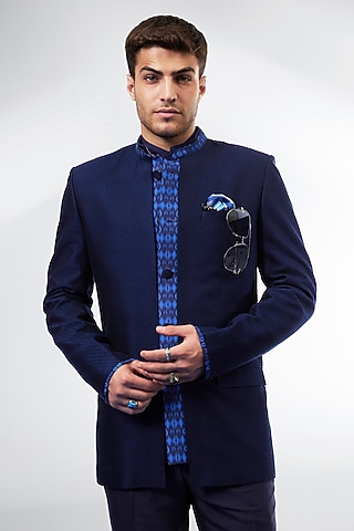Navy Blue Jacquard Silk Thread Work & Ikat Printed Bandhgala Jacket by Bubber Couture