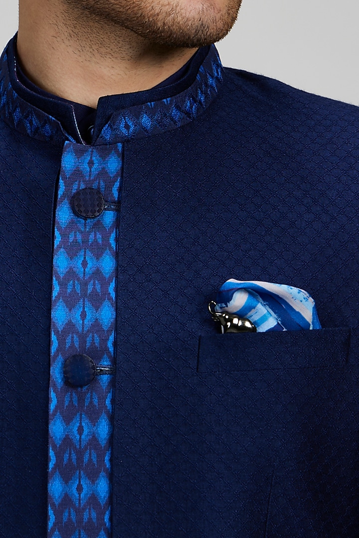Navy Blue Jacquard Silk Thread Work & Ikat Printed Wedding Bandhgala Jacket by Bubber Couture at Pernia's Pop Up Shop