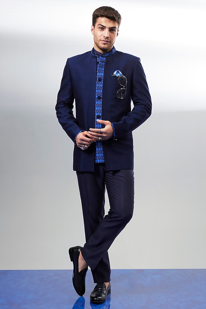 Navy Blue Jacquard Silk Thread Work & Ikat Printed Wedding Bandhgala Jacket by Bubber Couture at Pernia's Pop Up Shop